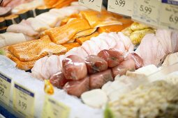 Various types of fish in a supermarket (USA)