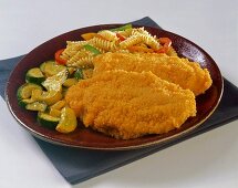 Breaded Chicken Breast with Pasta and Vegetables