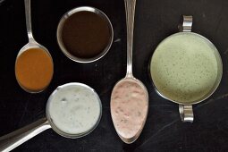 Verschiedene Salatdressings in Schalen und Löffeln