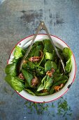 Spinach Salad with Warm Bacon Dressing in Serving Bowl, Overhead