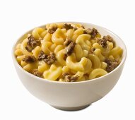 Macaroni and Cheese with Ground Beef in a Bowl; White Background