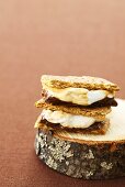 Two S'mores Stacked on a Piece of Wood