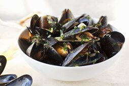 Bowl of Steamed Mussels with Garlic and Herbs