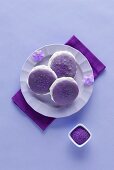 Lavender Whoopie Pies on a Purple Plate with Blossoms; From Above