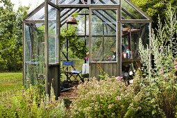 Gewächshäuschen im Garten mit blühenden Wiesenblumen