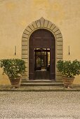 Elegant entry with stone archway and lemon trees in planters