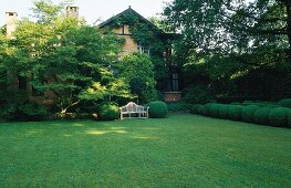 Villa hinter Bäumen und Garten mit Buchsbaumkugeln