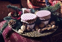Christmas decorations in a wicker platter