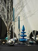 Christmas table decorations in blue and silver