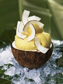 Mango and coconut sorbet in coconut half