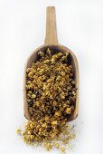 Dried Chamomile Blossoms in Wooden Scoop