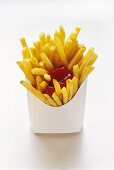 French Fries in White Fast Food Box with Ketchup