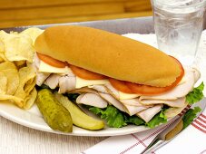 A Turkey Sub with Potato Chips and Pickles
