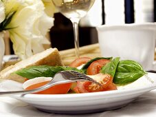 Tomaten mit Mozzarella und Basilikum auf gedecktem Tisch