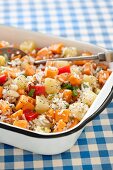 Caribbean style rice salad with sweet potatoes, peppers and jicama