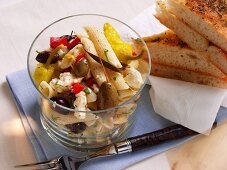 Greek pasta salad with olives & sheep's cheese
