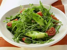 Kressesalat mit Tomaten und grünem Spargel