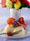 Bavarois with candied flowers; bouquet of roses