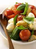 Bread salad with tomatoes, mozzarella and basil
