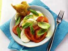 Tomatoes with mozzarella and basil; white bread