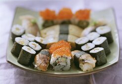 Assorted Nigiri sushi and Maki sushi on platter
