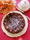 Chocolate raspberry gateau with icing sugar; roses; sugar bowl