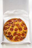 Whole salami and cheese pizza in pizza box