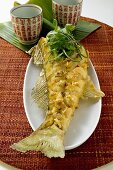 Fried zander with coriander leaves