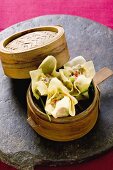 Wontons in bamboo steamer