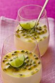 Passion fruit cream with coconut and lime in glasses