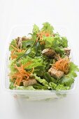 Blattsalat mit Möhren und Croûtons in Take-Out-Box
