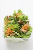 Salad leaves with carrots and croutons in take-out box