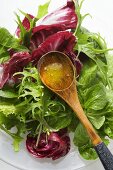 Mixed salad leaves and vinaigrette in wooden spoon