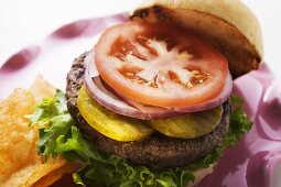 Home-made hamburger with gherkins, onions, tomato