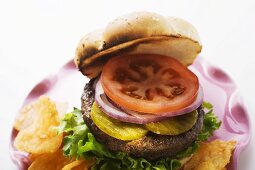 Selbstgemachter Hamburger mit Essiggurken, Zwiebeln, Tomate