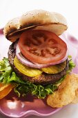 Home-made hamburger with gherkins, onions, tomato