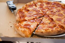 Pepperoni pizza in pizza box