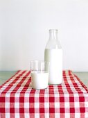 Glas und Flasche Milch auf rot-weiss kariertem Stoff