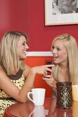 Two blond girls in café with a mobile phone