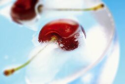 Fresh cherries floating in ice water