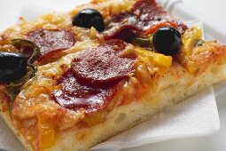 A slice of salami pizza with peppers and olives