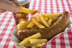 Currywurst (sausage with ketchup & curry powder) with chips & cola