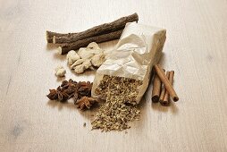 Tea ingredients (liquorice, ginger, anise, cinnamon, fennel, aniseed)