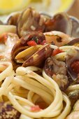 Linguine with seafood, close-up