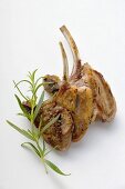 Two grilled lamb cutlets and a sprig of rosemary