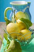 Fresh lemons with leaves in wire basket