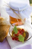 Honey, redcurrants and croissant on table in open air