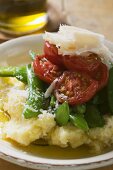 Mashed potato with mangetout, tomatoes, Parmesan, olive oil