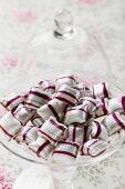 Cherry mint sweets in glass bowl