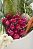 Radishes, spring onions, cabbage and carrots in bowl